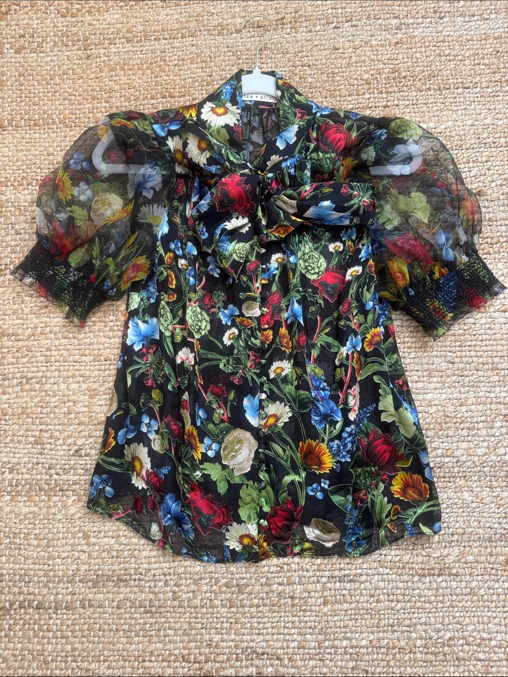 Alice + Olivia Black silk Floral Bow-Neck Sheer Puff Sleeve Blouse